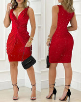 Glitter Twist Design Deep V-Neck Sleeveless Bodycon Dress Ruched Party Dress